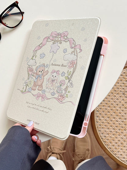 Cartoon Bunny and Bear iPad Case with Pen Holder/iPad Cover for iPad 10 Gen(10.9 inch)/iPad Pro/Air/Mini