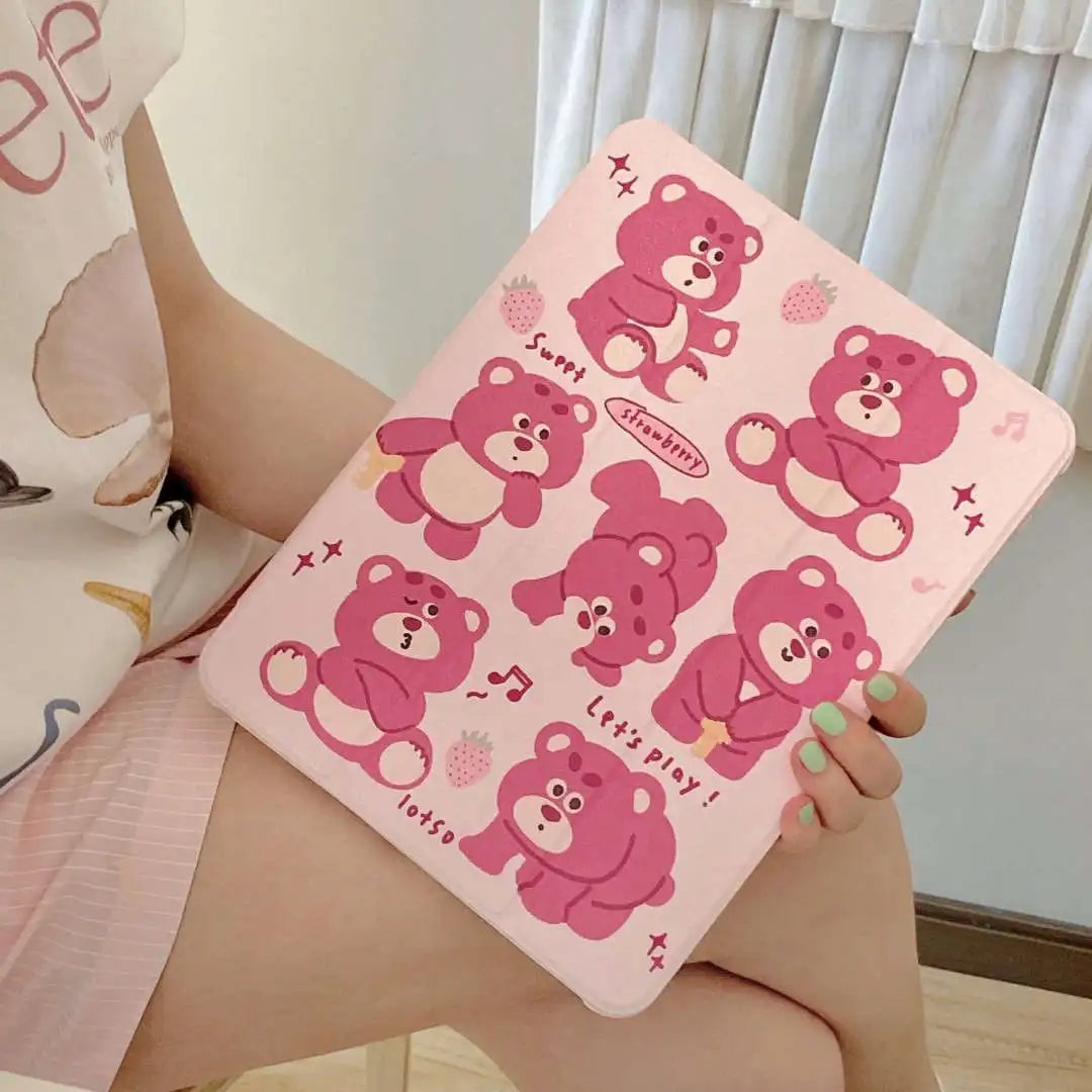 Cartoon Bear iPad Case with Pen Holder/iPad Cover for iPad 10 Gen(10.9 inch)/iPad Pro/Air/Mini