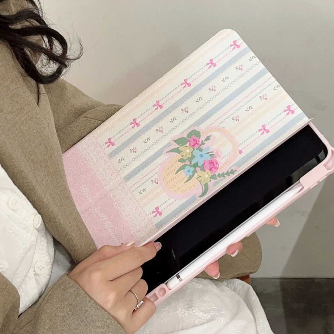 Floral Mirror iPad Case with Pen Holder/Cute iPad Cover for iPad 9 Gen(10.2 inch)/iPad Pro/Air/Mini