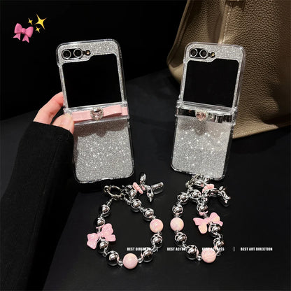 Cartoon Bowknot Glitter Case for Samsung Galaxy Z Flip 5 4 3 with Bracelet Wrist Chain