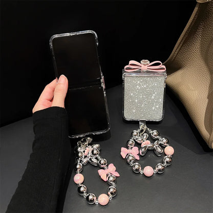 Cartoon Bowknot Glitter Case for Samsung Galaxy Z Flip 5 4 3 with Bracelet Wrist Chain