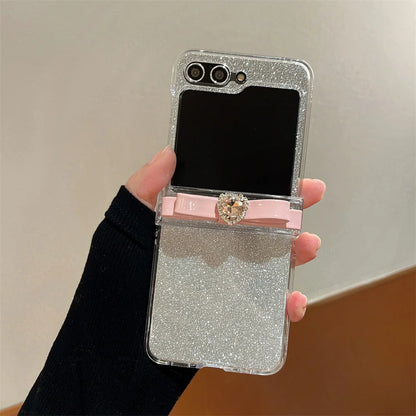 Cartoon Bowknot Glitter Case for Samsung Galaxy Z Flip 5 4 3 with Bracelet Wrist Chain