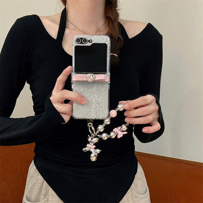 Cartoon Bowknot Glitter Case for Samsung Galaxy Z Flip 5 4 3 with Bracelet Wrist Chain