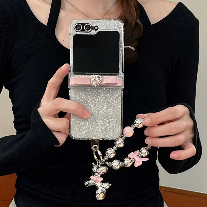 Cartoon Bowknot Glitter Case for Samsung Galaxy Z Flip 5 4 3 with Bracelet Wrist Chain