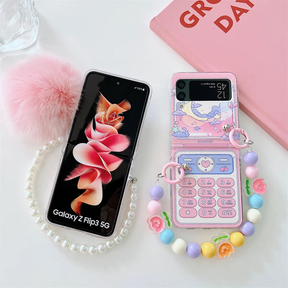 Cute Flower Bracelet Case For Samsung Galaxy Z Flip 5 4 3 with  Wrist Chain